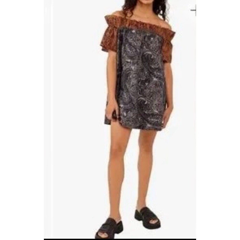 Free People Sophie Paisley Printed Brown Off Shoulder‎ Mini Dress Size XS